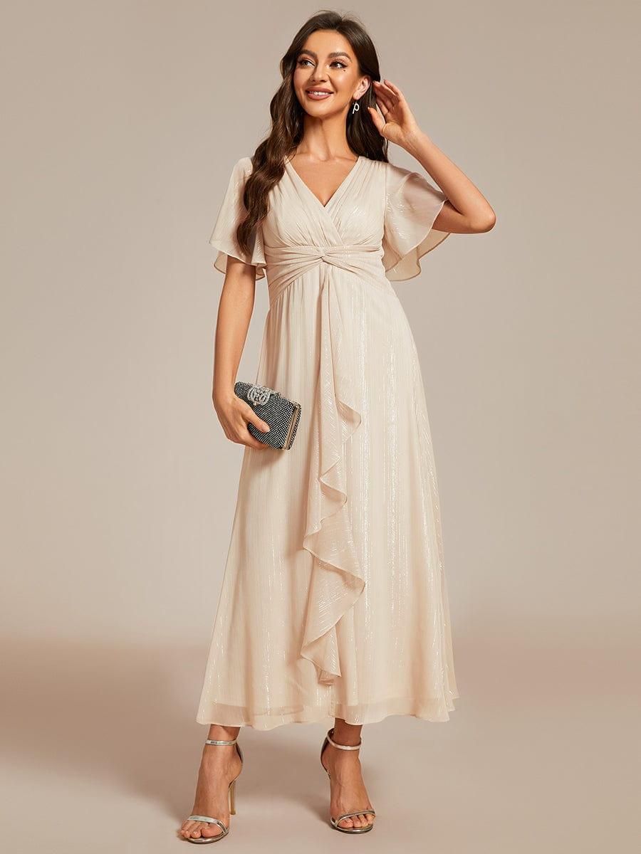 OPAHL Glitter Short Sleeve Line Midi Wedding Guest Dress Ruffled Hem