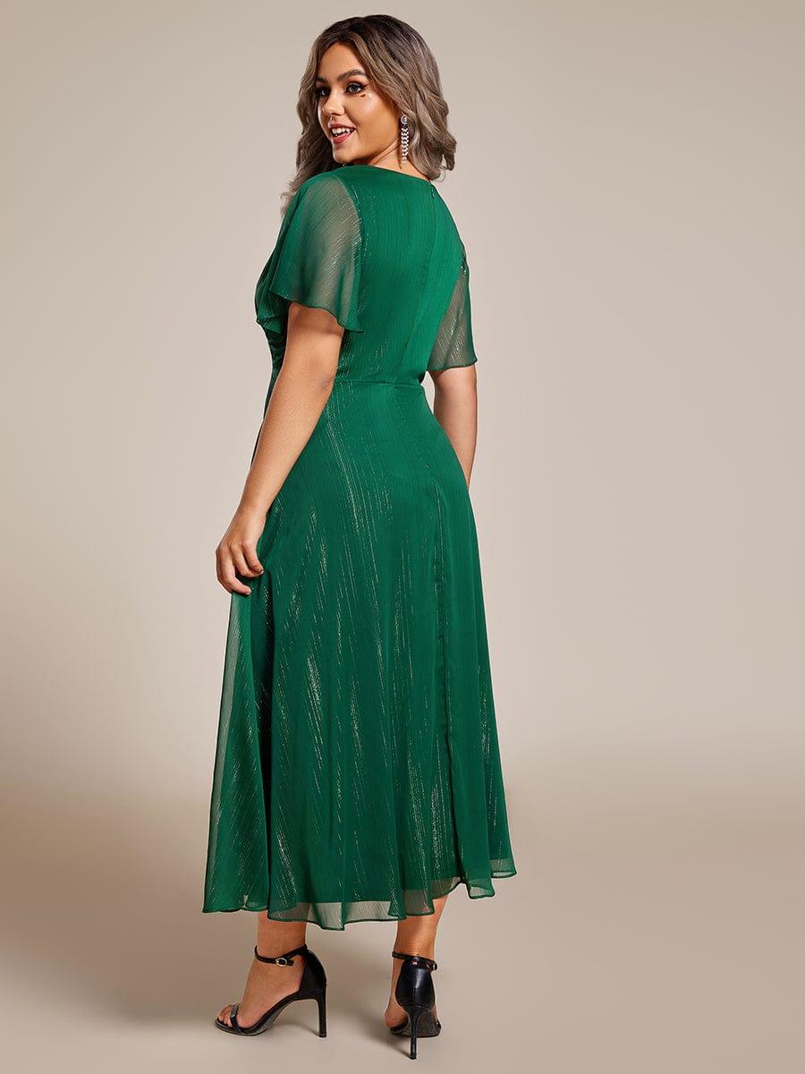 Plus Size Metallic Silver Fabric Short-Sleeved V-Neck A-Line Dress with Ruffled Hem #color_Dark Green