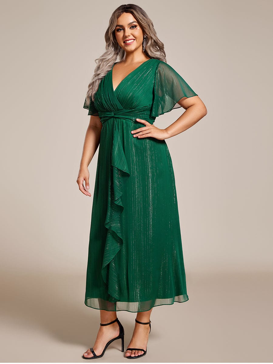Plus Size Metallic Silver Fabric Short-Sleeved V-Neck A-Line Dress with Ruffled Hem #color_Dark Green