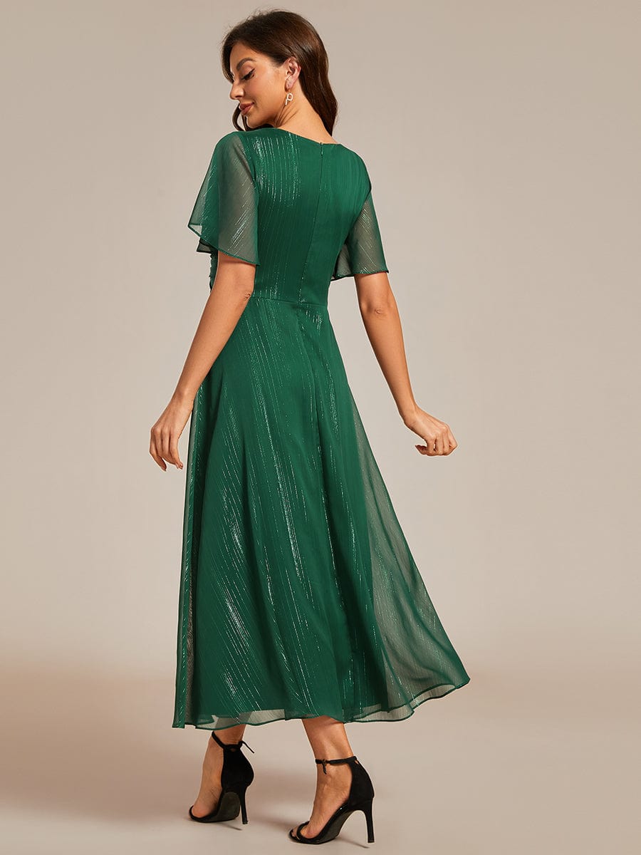 Metallic Silver Fabric Short-Sleeved V-Neck A-Line Dress with Ruffled Hem #color_Dark Green