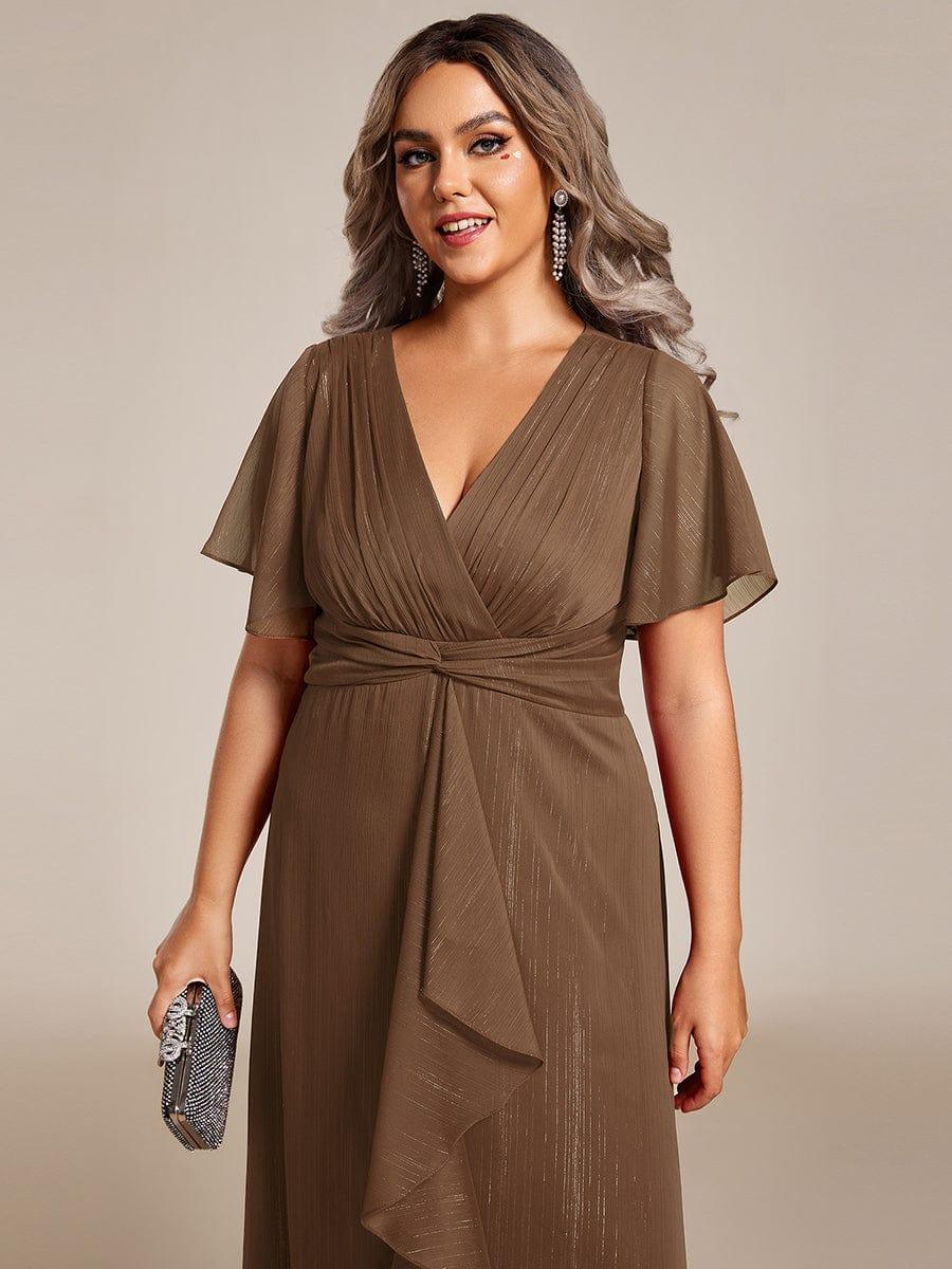 Custom Size Metallic Silver Fabric Short-Sleeved V-Neck A-Line Dress with Ruffled Hem #color_Emperador