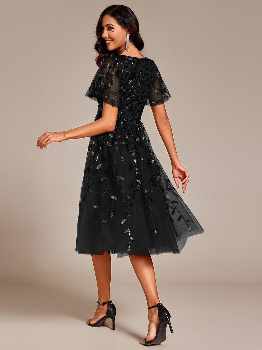 Leaf Sequin Short Sleeve Tulle Midi Evening Dress #color_Black