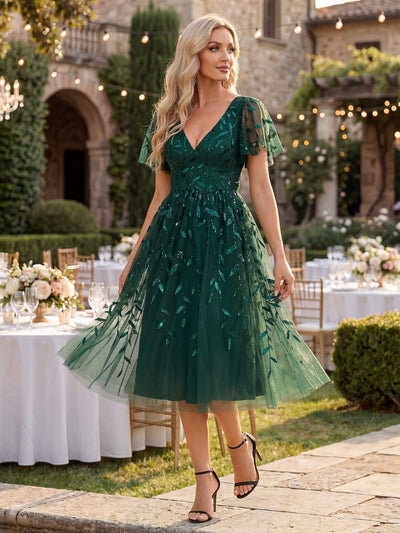 ever SIMONE|Leaf Sequin Short Sleeve Tulle Midi Wedding Guest Dress