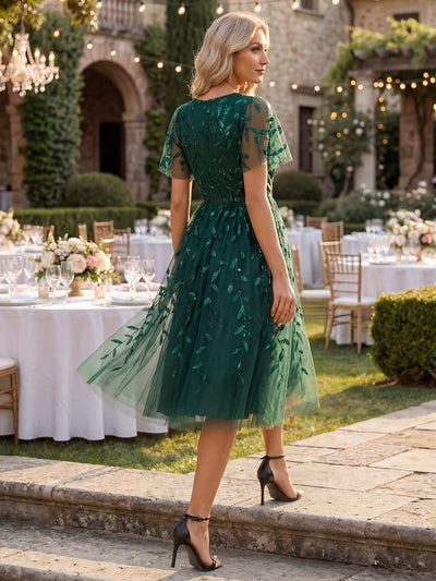 Leaf Sequin Short Sleeve Tulle Midi Wedding Guest Dress #color_Dark Green
