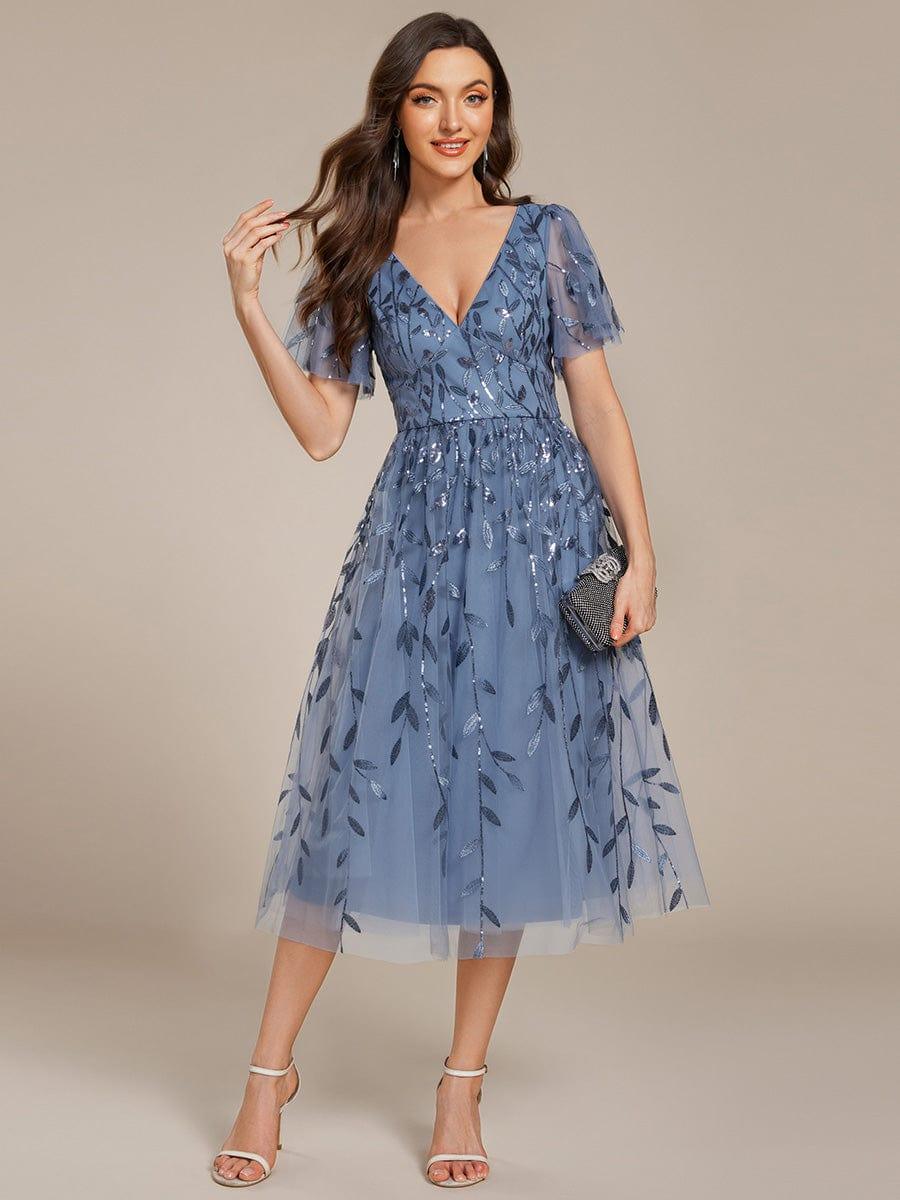Leaf Sequin Short Sleeve Tulle Midi Evening Dress #color_Dusty Blue