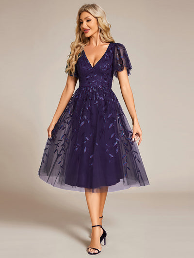 Plus SizeLeaf Sequin Short Sleeve Tulle Midi Wedding Guest Dress #color_Dark Purple