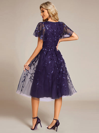 Plus SizeLeaf Sequin Short Sleeve Tulle Midi Wedding Guest Dress #color_Dark Purple