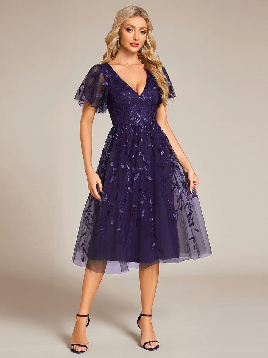 Plus SizeLeaf Sequin Short Sleeve Tulle Midi Wedding Guest Dress #color_Dark Purple
