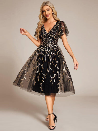 Leaf Sequin Short Sleeve Tulle Midi Evening Dress #color_Black & Gold