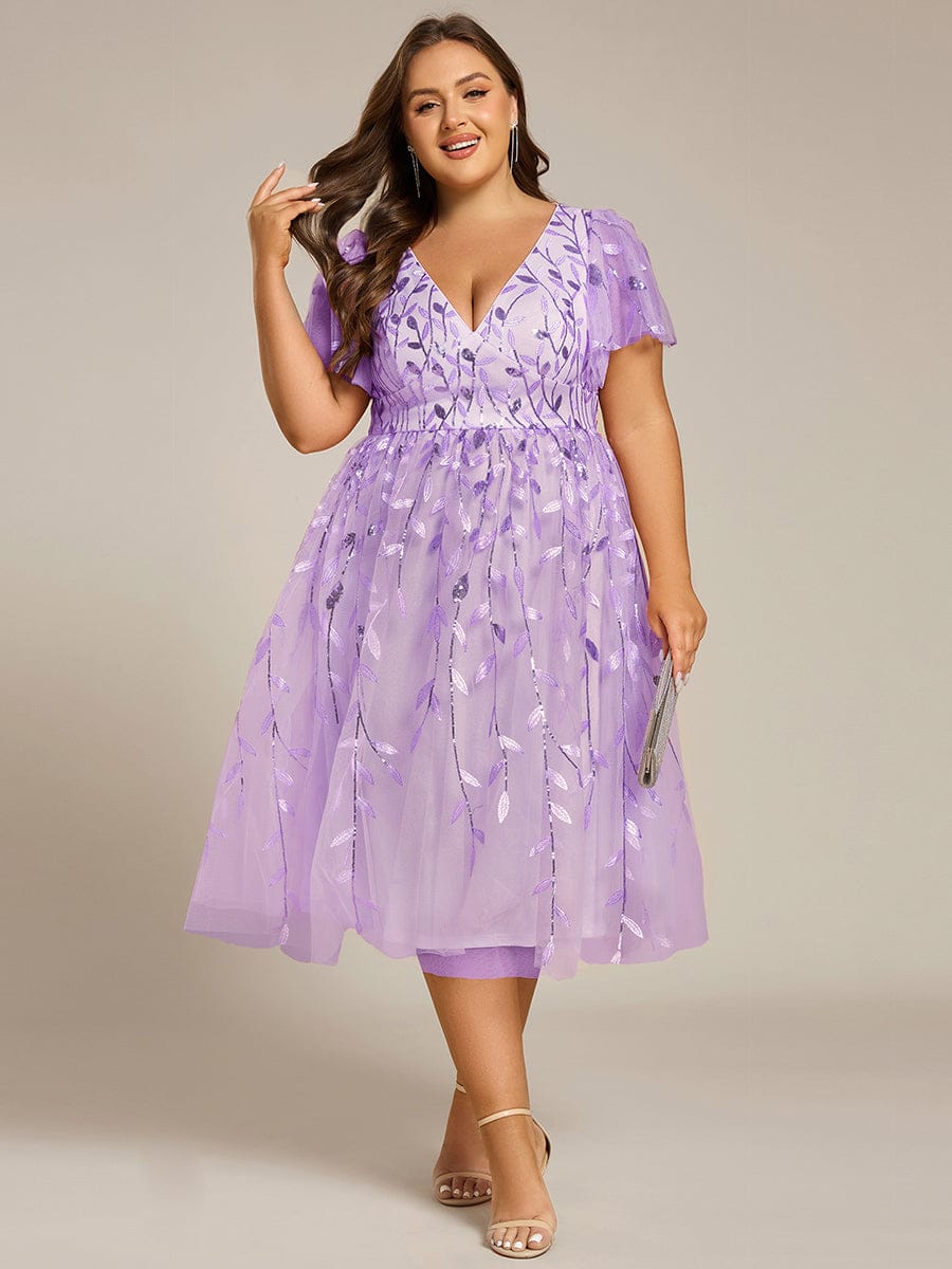 Leaf Sequin Short Sleeve Tulle Midi Evening Dress #color_Lavender