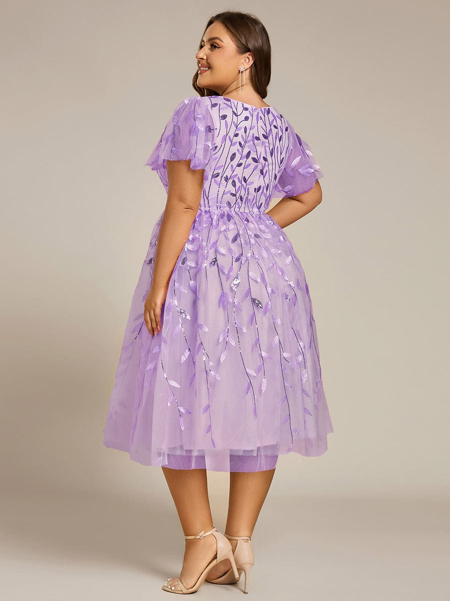 Leaf Sequin Short Sleeve Tulle Midi Evening Dress #color_Lavender