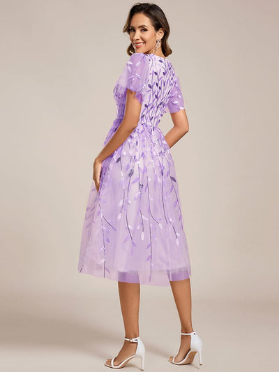 Leaf Sequin Short Sleeve Tulle Midi Evening Dress #color_Lavender