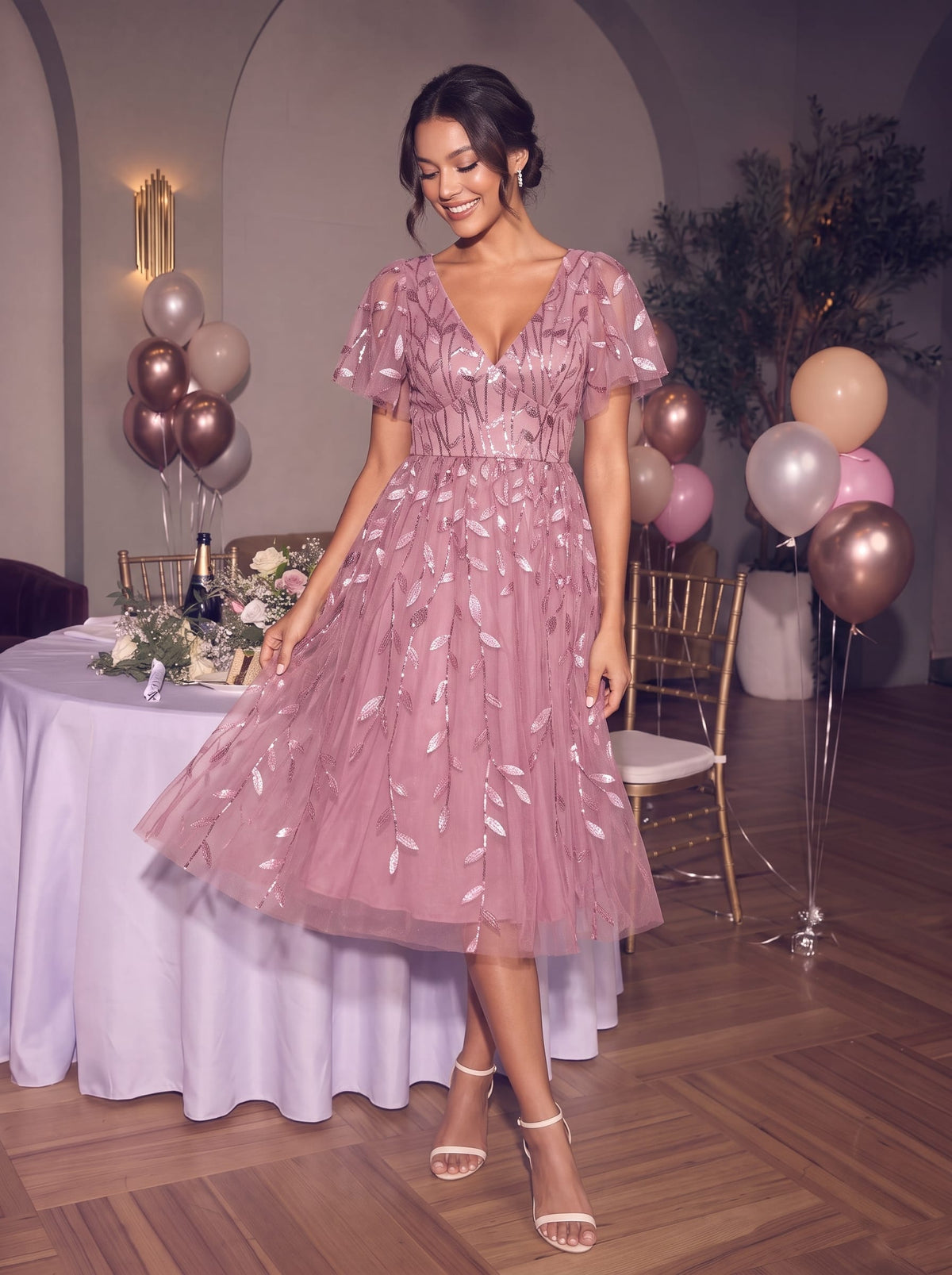 Leaf Sequin Short Sleeve Tulle Midi Wedding Guest Dress #color_Purple Orchid