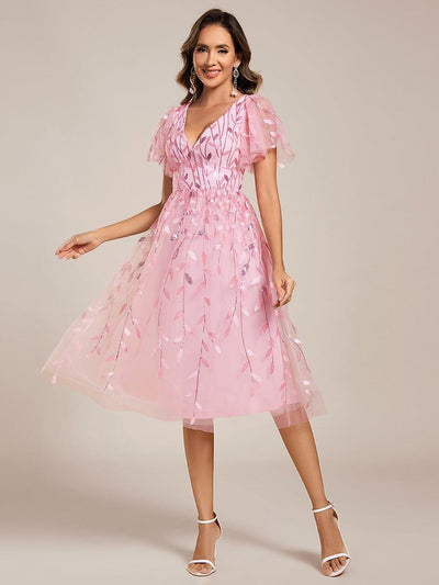 Leaf Sequin Short Sleeve Tulle Midi Evening Dress #color_Pink