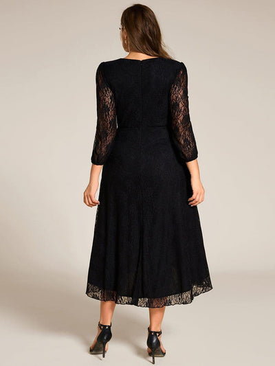 Plus Size Long Sleeve High-Low Lace Wedding Guest Dress with Ruffle Details #color_Black