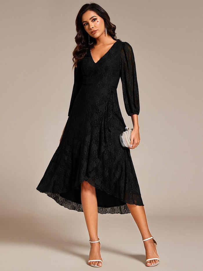 Romantic Lace High-Low Wedding Guest Dress with Long Sleeves
