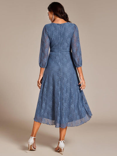 Romantic Long Sleeve High-Low Lace Wedding Guest Dress with Ruffle Details #color_Dusty Blue