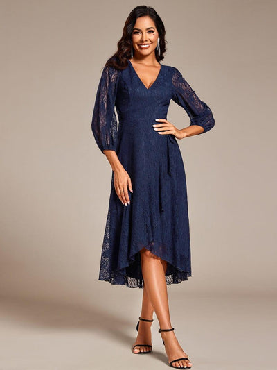 Romantic Long Sleeve High-Low Lace Wedding Guest Dress with Ruffle Details #color_Navy Blue