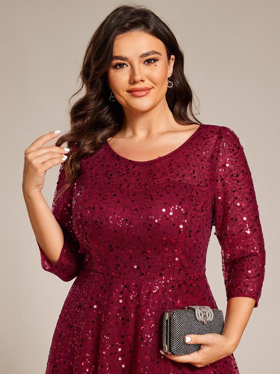 Dazzling Sequin A-Line Midi Evening Dress with Long Sleeves #color_Burgundy