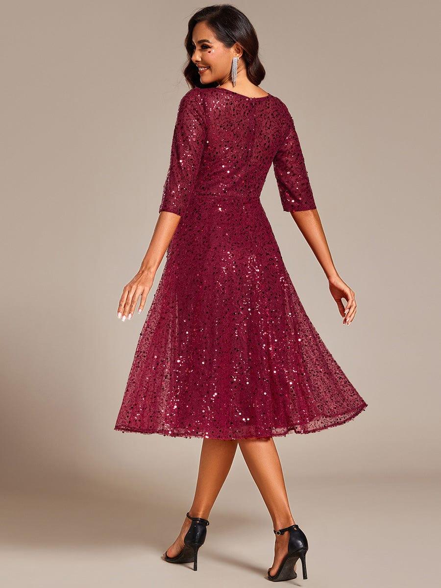 Dazzling Sequin A-Line Midi Evening Dress with Long Sleeves #color_Burgundy
