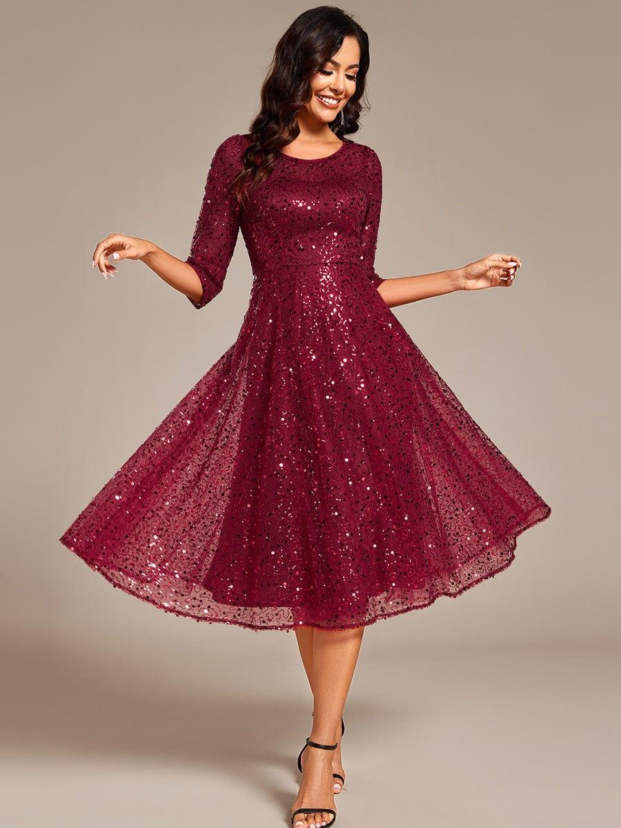 Dazzling Sequin A-Line Midi Evening Dress with Long Sleeves #color_Burgundy