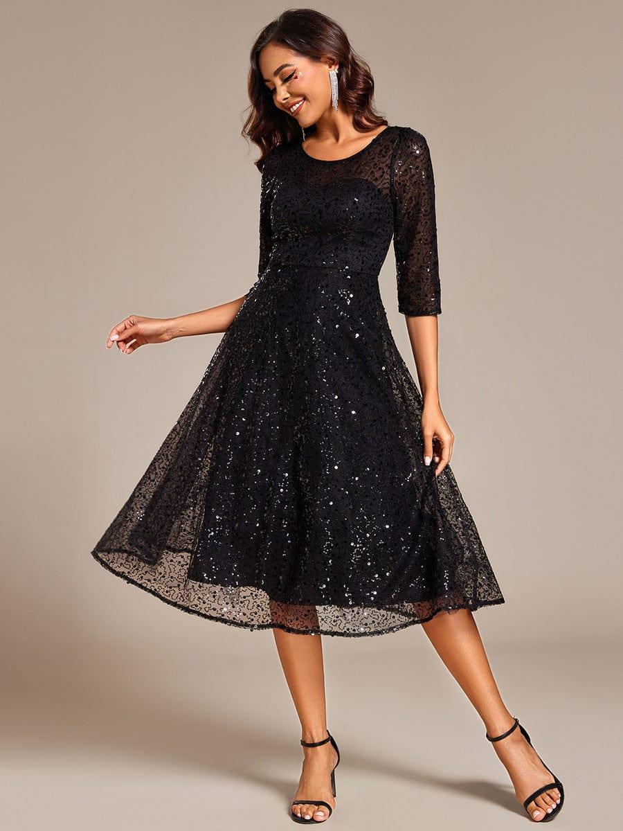 Elegant Short Sleeve Sequin A-Line Midi Wedding Guest Dress - Ever-Pretty UK