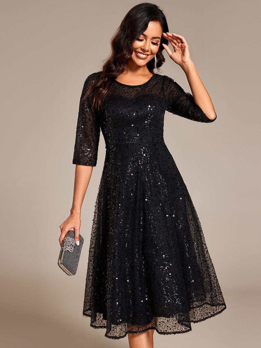Dazzling Sequin A-Line Midi Evening Dress with Long Sleeves #color_Black