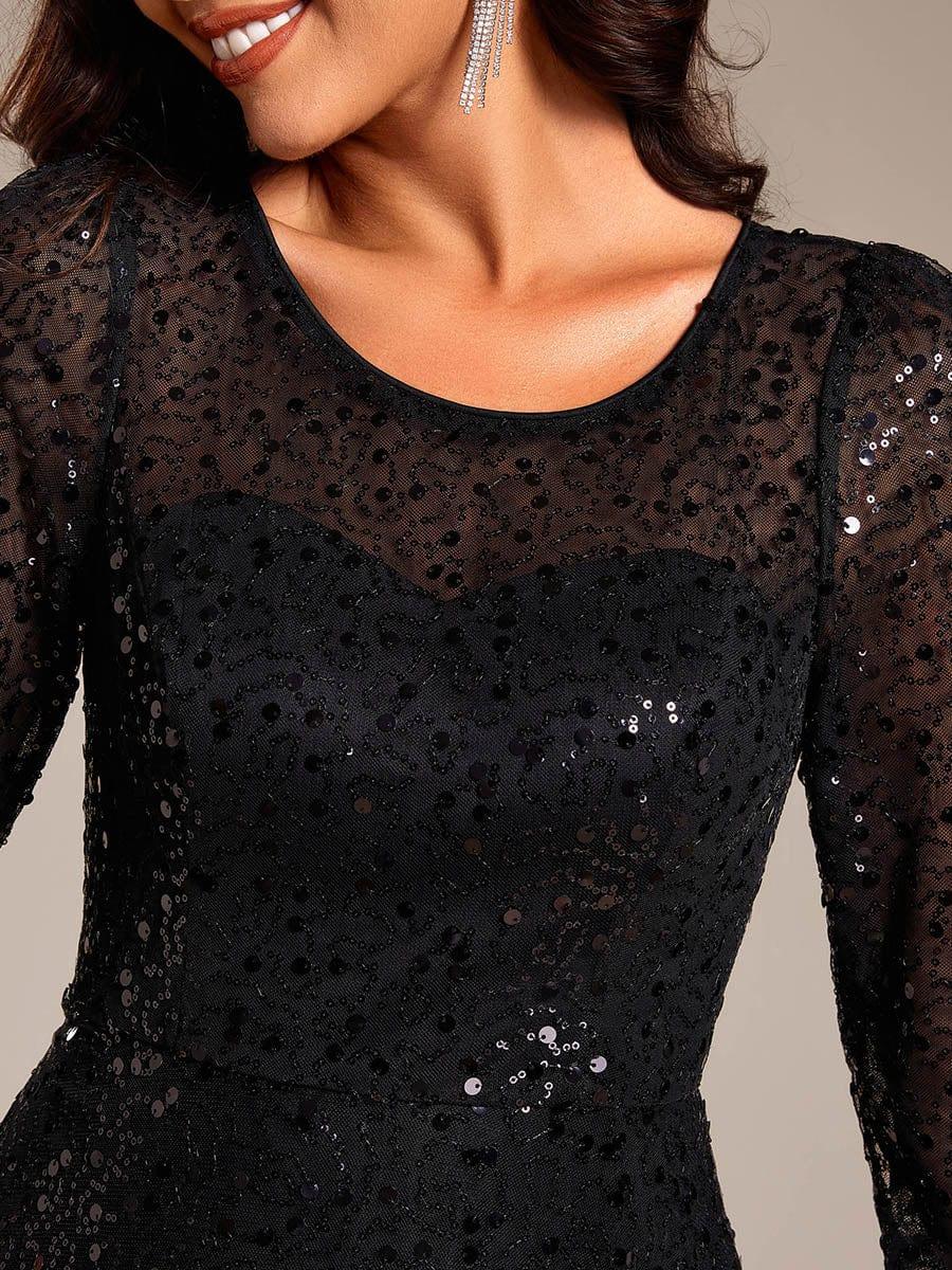Dazzling Sequin A-Line Midi Evening Dress with Long Sleeves #color_Black