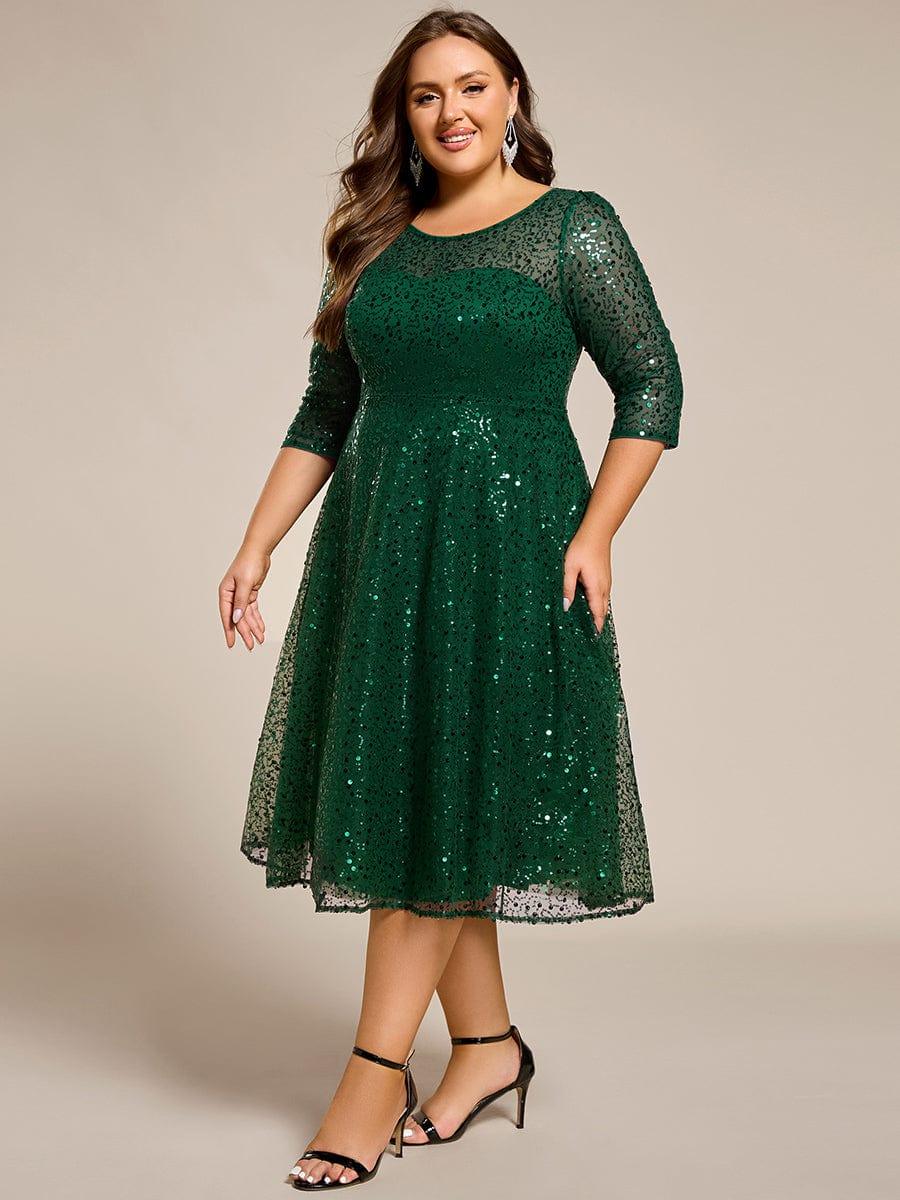 Dazzling Sequin A-Line Midi Evening Dress with Long Sleeves #color_Dark Green