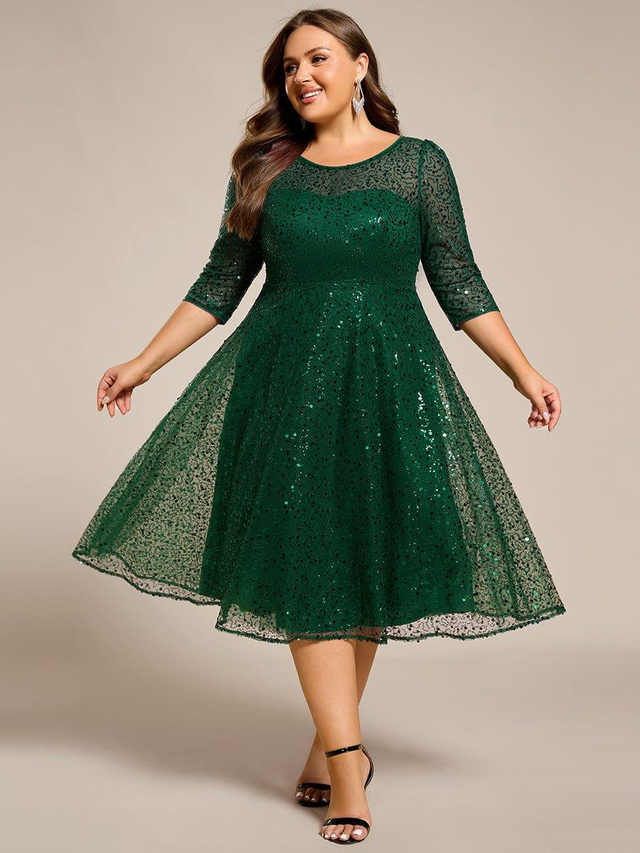 Dazzling Sequin A-Line Midi Evening Dress with Long Sleeves #color_Dark Green