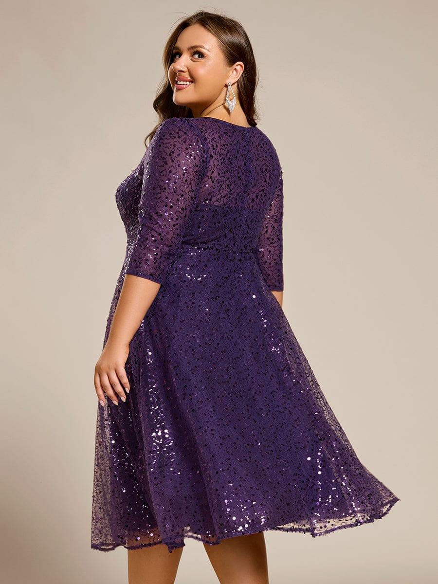 Dazzling Sequin A-Line Midi Evening Dress with Long Sleeves #color_Dark Purple