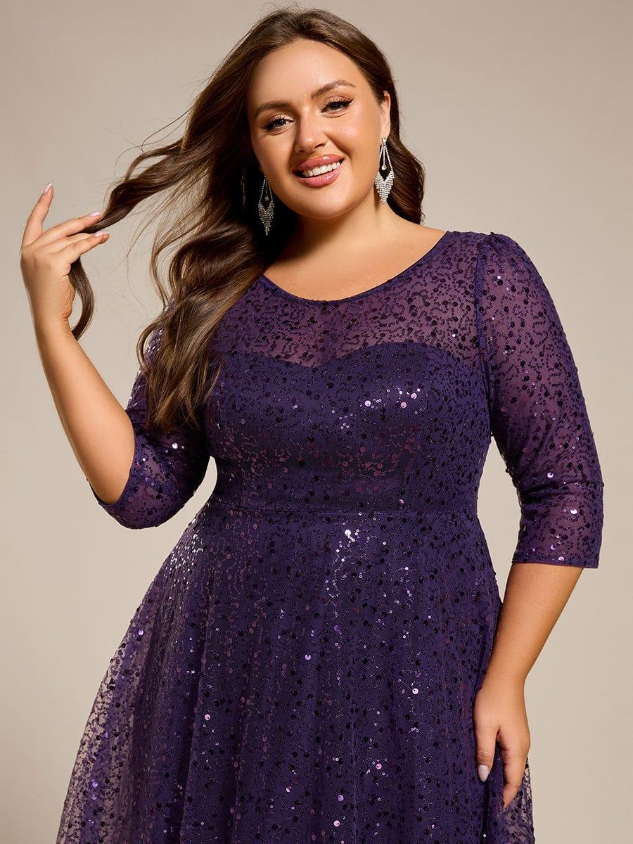 Dazzling Sequin A-Line Midi Evening Dress with Long Sleeves #color_Dark Purple
