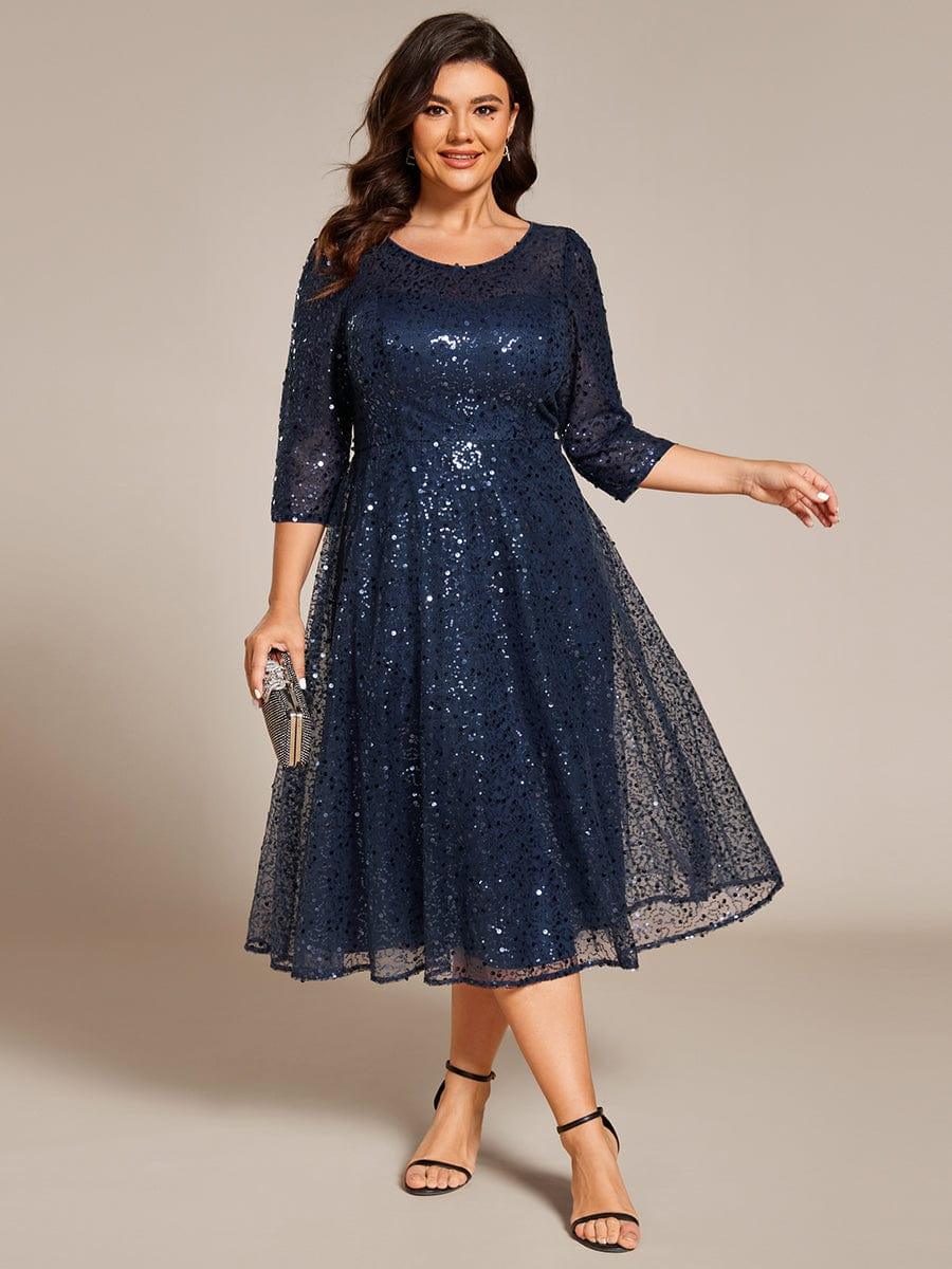 Dazzling Sequin A-Line Midi Evening Dress with Long Sleeves #color_Navy Blue
