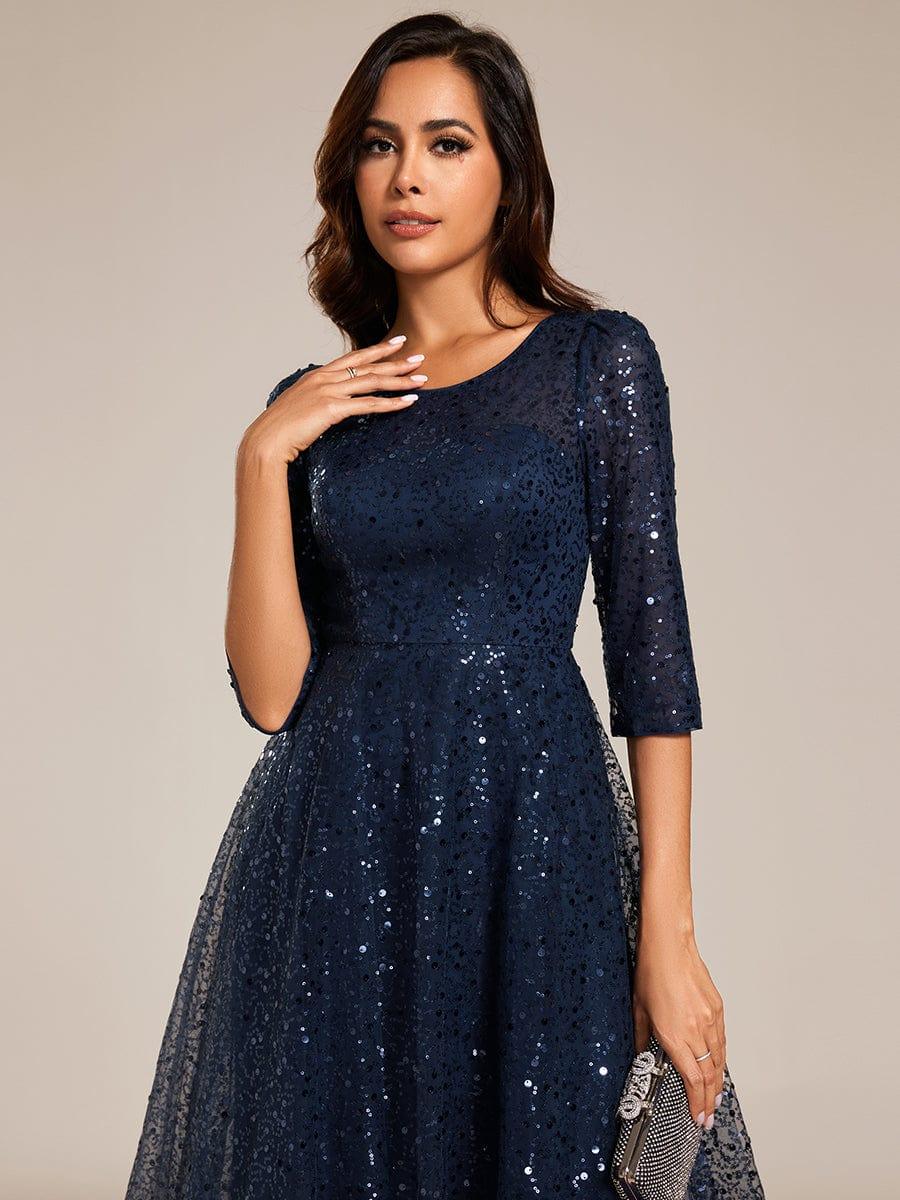 Dazzling Sequin A-Line Midi Evening Dress with Long Sleeves #color_Navy Blue