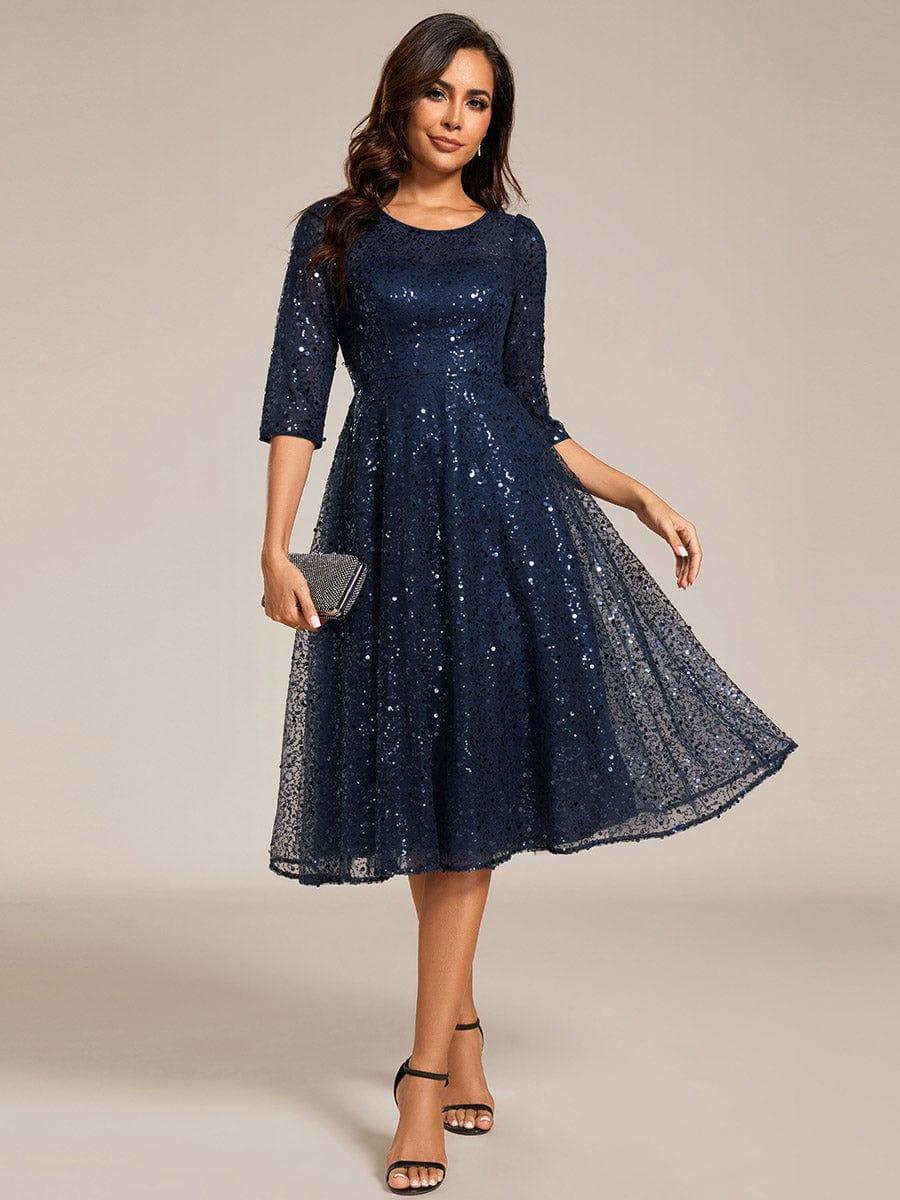 Dazzling Sequin A-Line Midi Evening Dress with Long Sleeves #color_Navy Blue