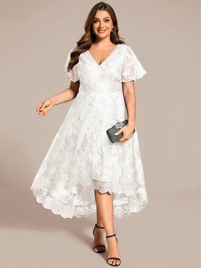 pretty TIDAL|Plus Size Embroidered Mesh High-Low Midi Wedding Guest Dress with Short Sleeves