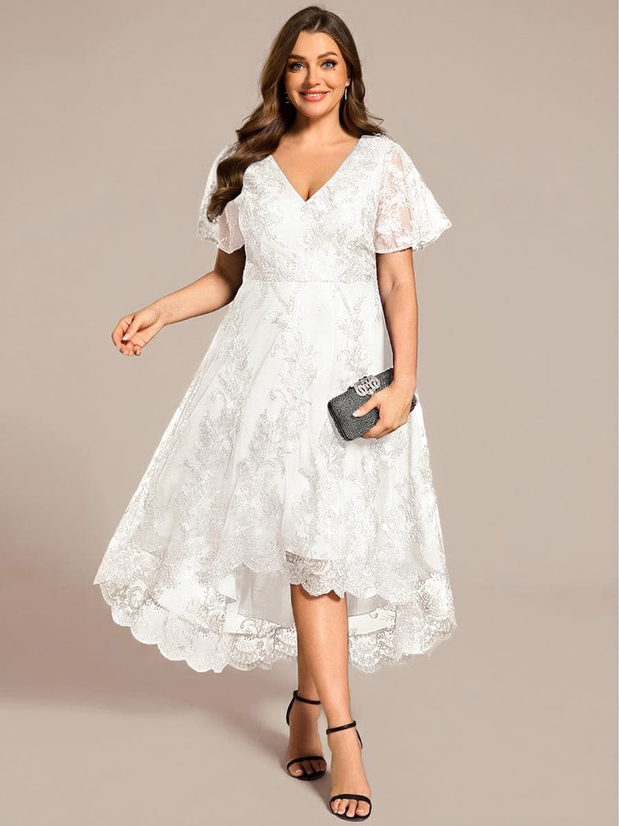 Embroidered Mesh High-Low Midi Wedding Guest Dress with Short Sleeves #color_White