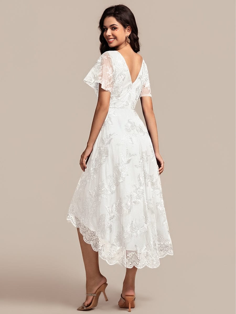 Embroidered Mesh High-Low Midi Wedding Guest Dress with Short Sleeves #color_White