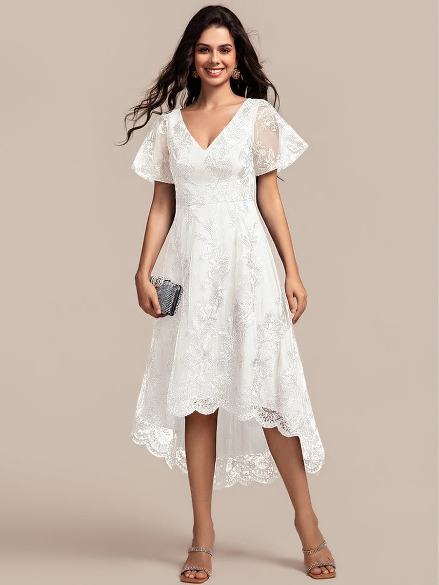 Embroidered Mesh High-Low Midi Evening Dress with Short Sleeves #color_White