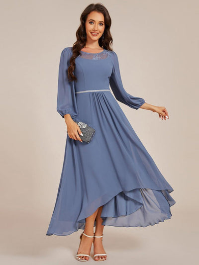 Round Neck Long Sleeve Chiffon High Low Wedding Guest Dress #color_Dusty Blue
