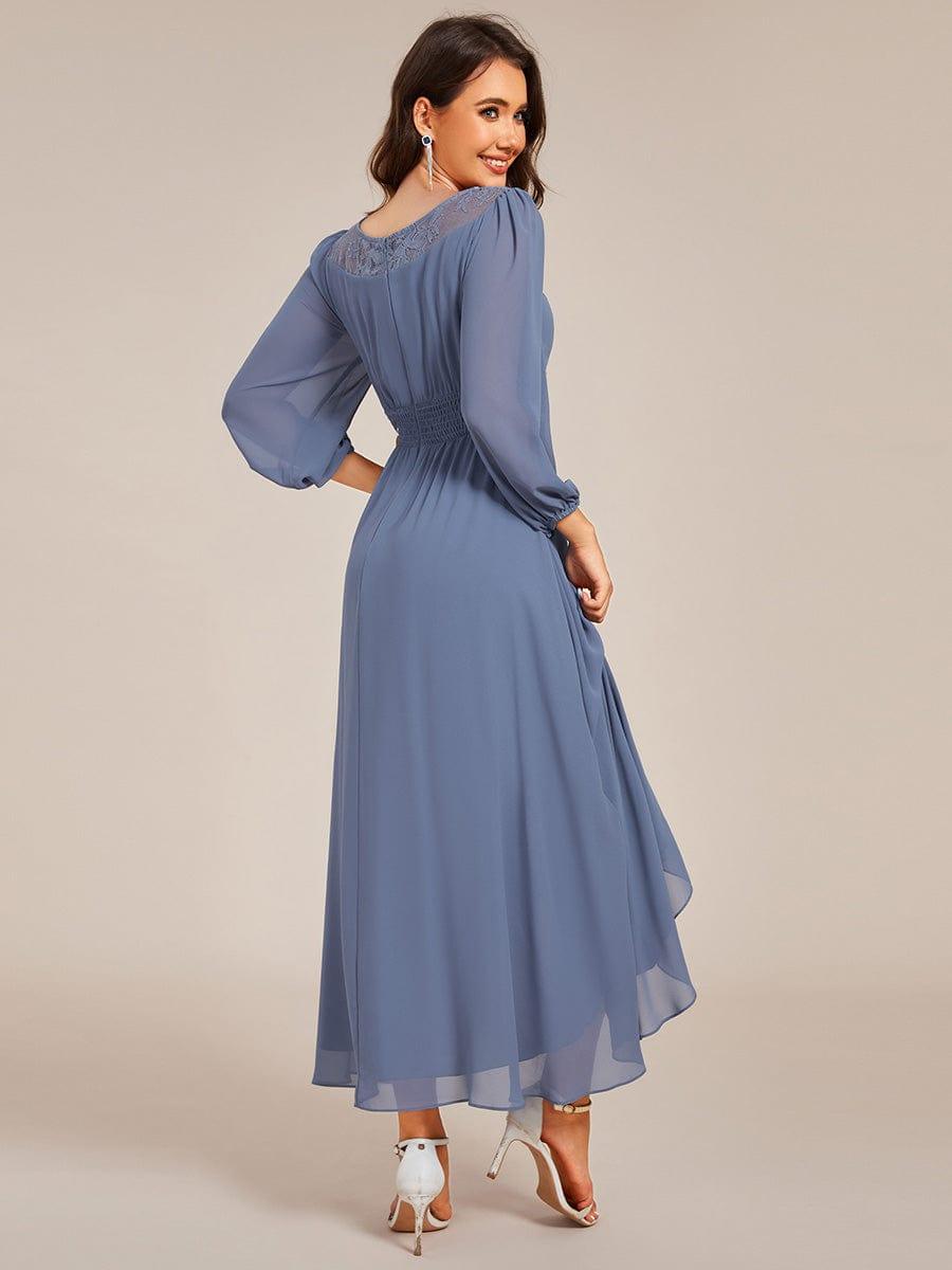 Round Neck Long Sleeve Chiffon High Low Wedding Guest Dress #color_Dusty Blue