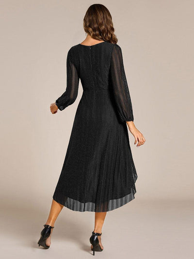 Shiny V-neck Faux-Wrap Midi Wedding Guest Dress with Long Sleeves #color_Black