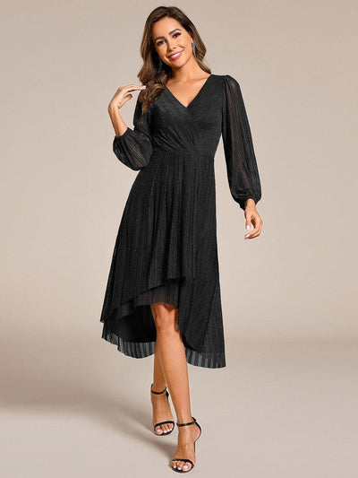 Shiny V-neck Faux-Wrap Midi Wedding Guest Dress with Long Sleeves #color_Black