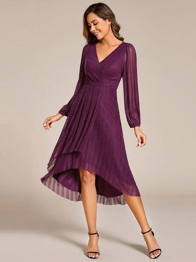 Shiny V-neck Faux-Wrap Midi Wedding Guest Dress with Long Sleeves #color_Purple Wisteria