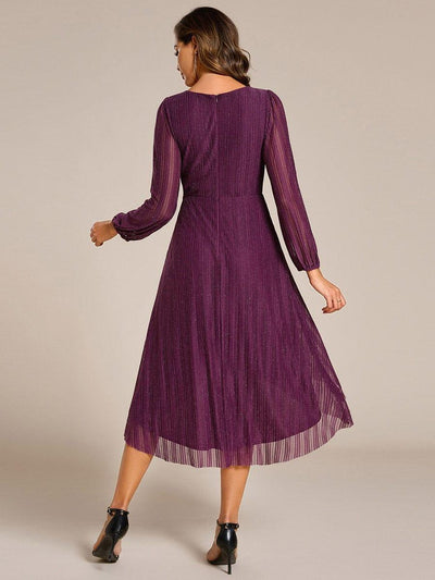 Shiny V-neck Faux-Wrap Midi Wedding Guest Dress with Long Sleeves #color_Purple Wisteria