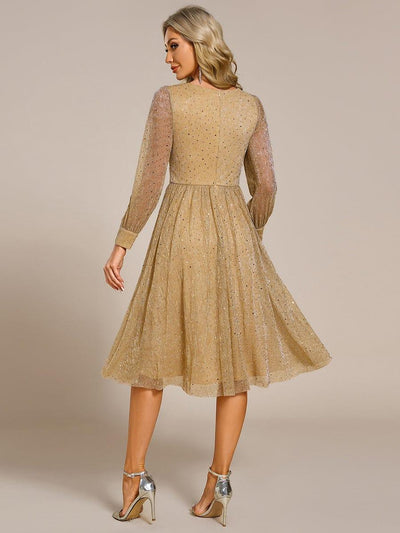 Empire WaistV Neck Sequin A-line Long Sleeve Midi Length Wedding Guest Dress #color_Gold