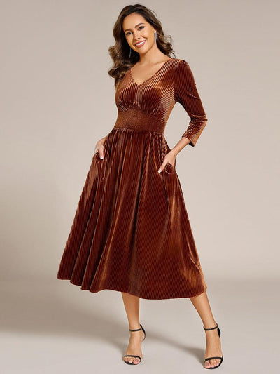 V-neck Long Sleeve Velvet A-Line Midi Wedding Guest Dress #color_Caramel