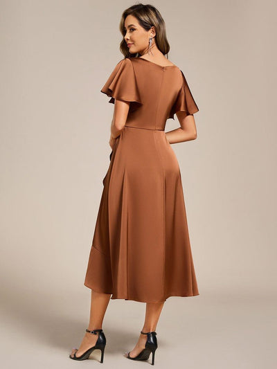 Ruffled V-neck Midi Satin Wedding Guest Dress #color_Brown