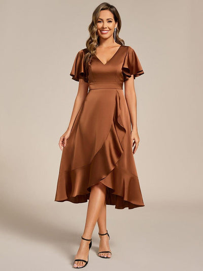 Ruffled V-neck Midi Satin Wedding Guest Dress #color_Brown