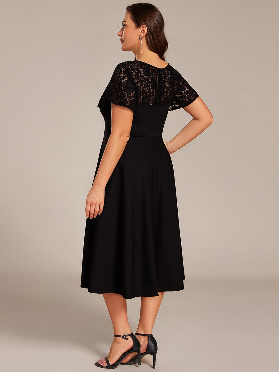Sweetheart Neck Hollow Out Short Sleeve Midi Length Evening Dress With Pockets #color_Black